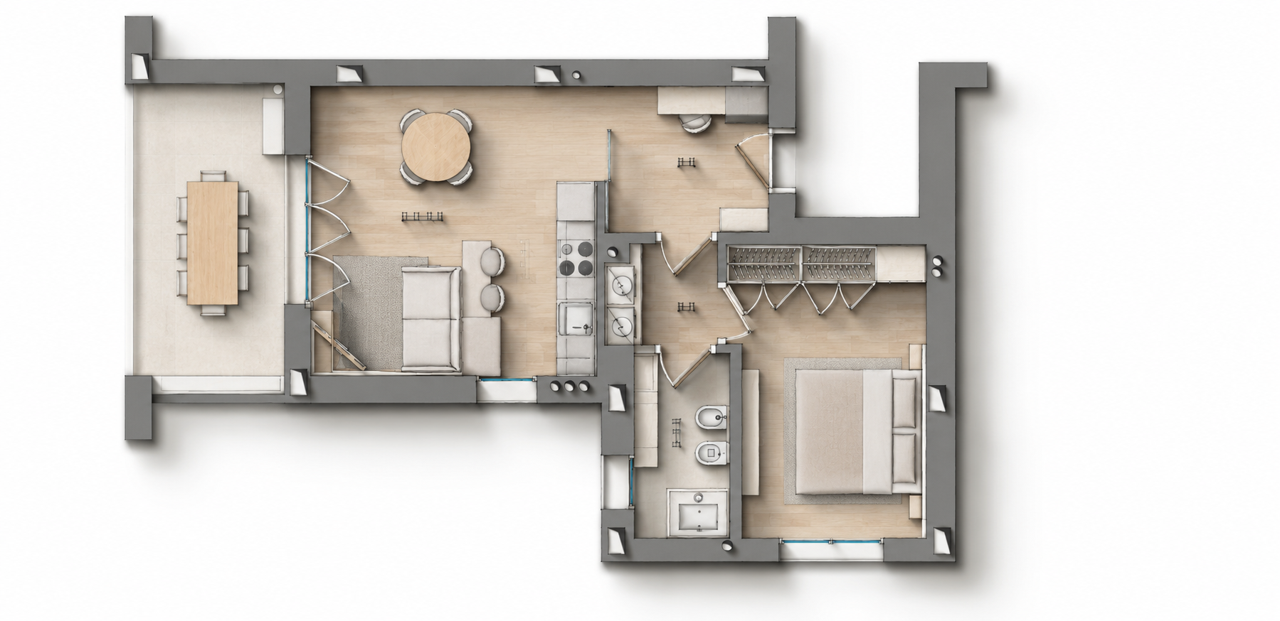 Planimetria tridimensionale di Casa di Luca, appartamento di 48 mq progettato per ottimizzare distribuzione e spazi.